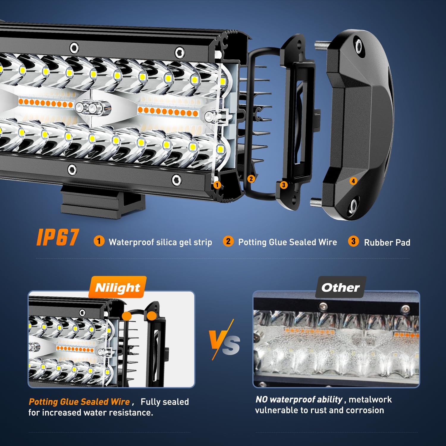 Nilight 20-inch LED light bar mounted on a vehicle at night for off-road lighting.