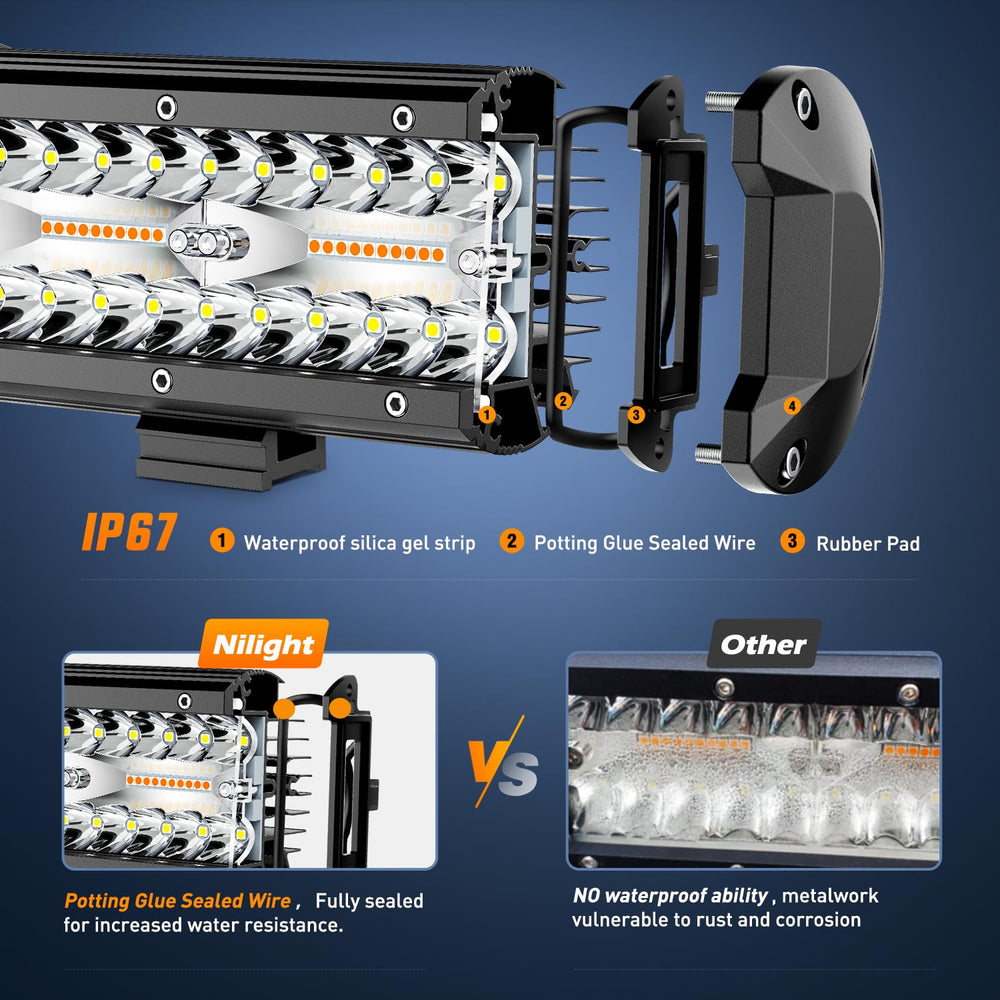 Nilight 20-inch LED light bar mounted on a vehicle at night for off-road lighting.