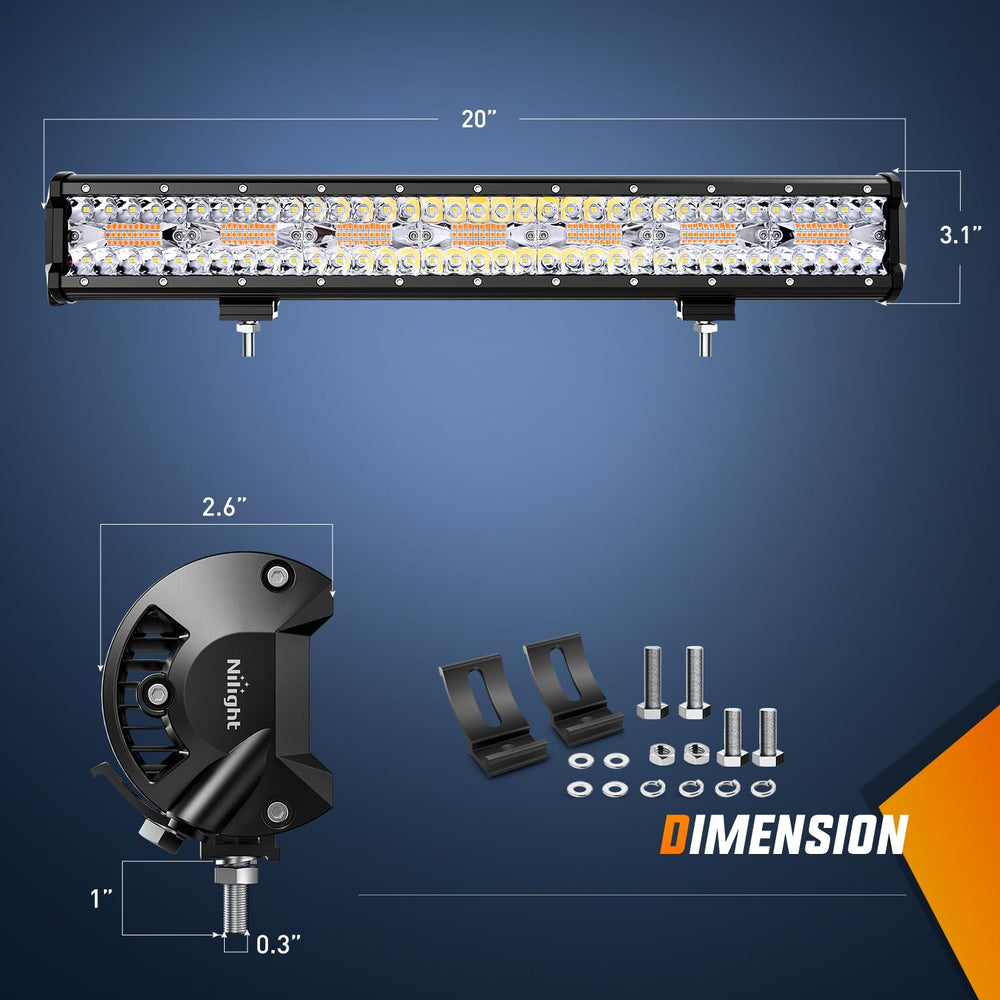 Nilight 20-inch LED light bar side view showcases durable construction for off-road use.