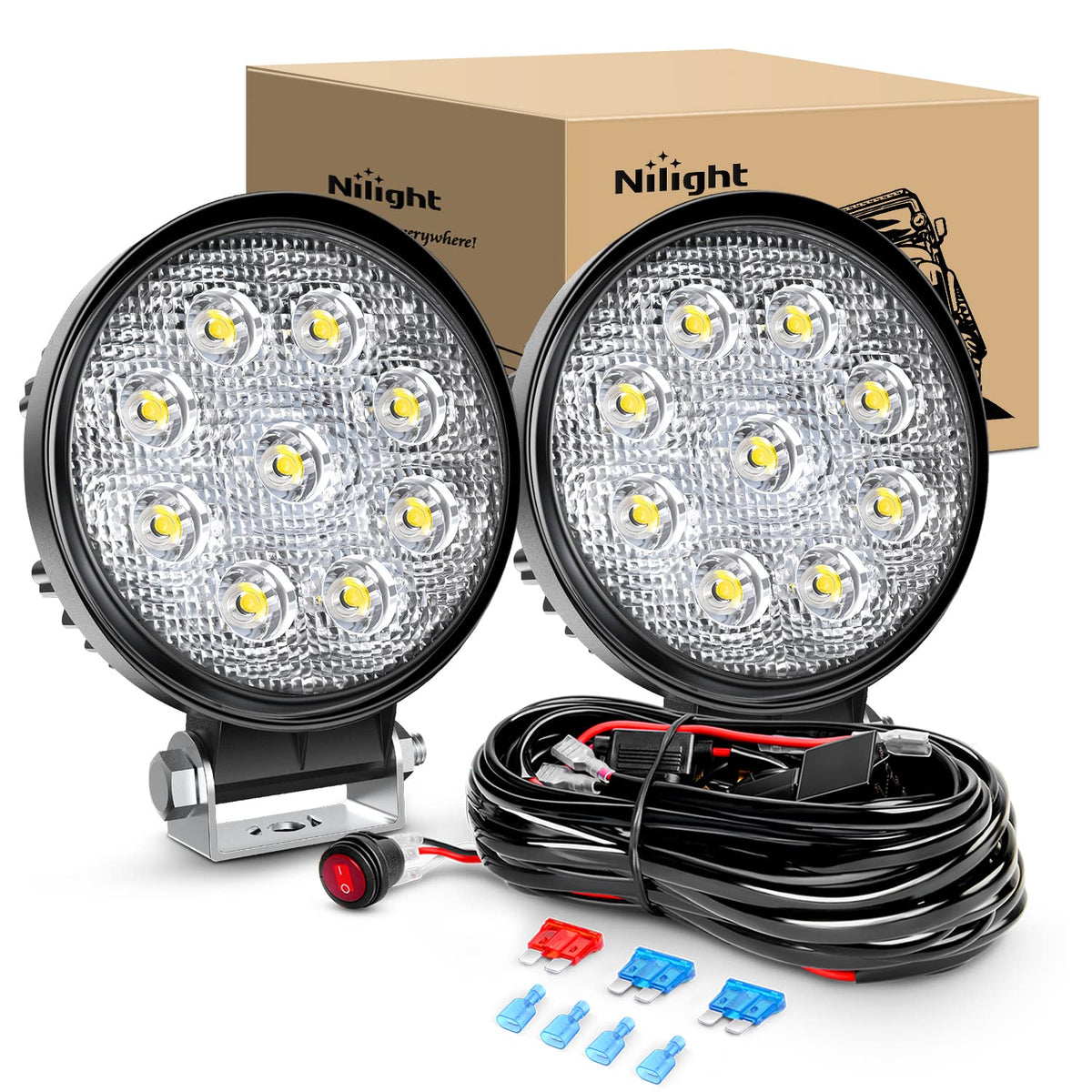 Nilight 27W round flood light front view with broad white beam for clear night visibility