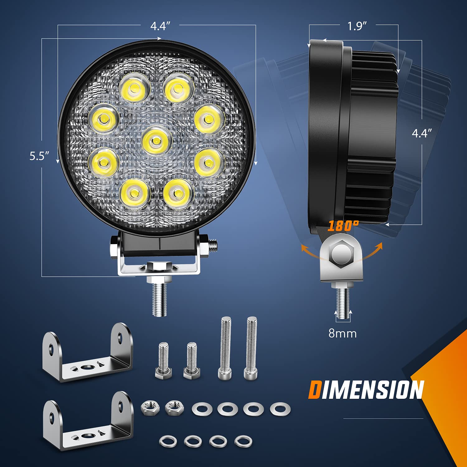 Nilight 27W round flood light side angle showing wide illumination for off-road terrain