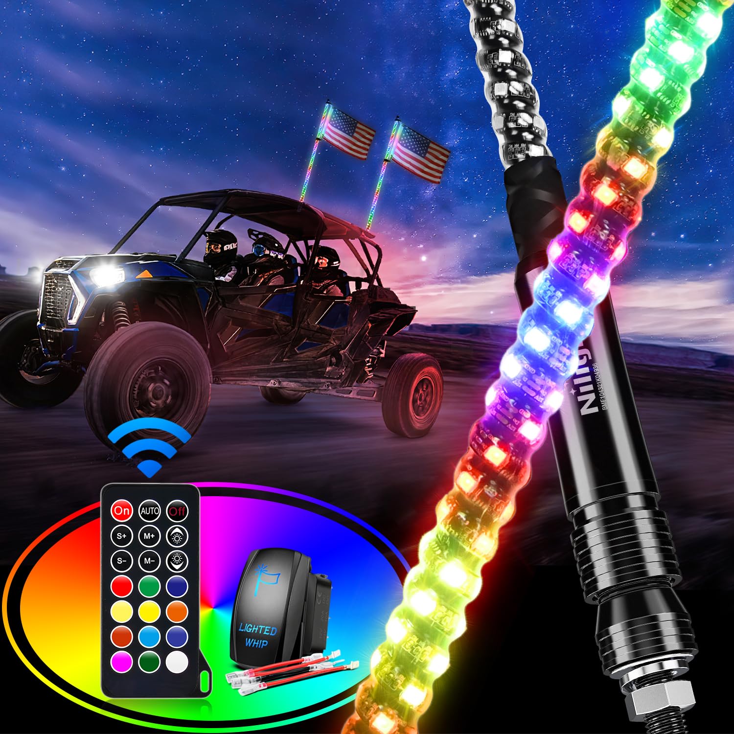 Nilight 2ft spiral LED whip light with dancing patterns for off-road nights.