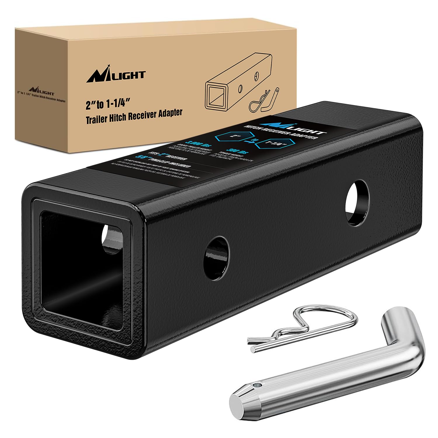 Nilight 2in-to-1-1-4in adapter reducer ready for multiple hitch configurations.