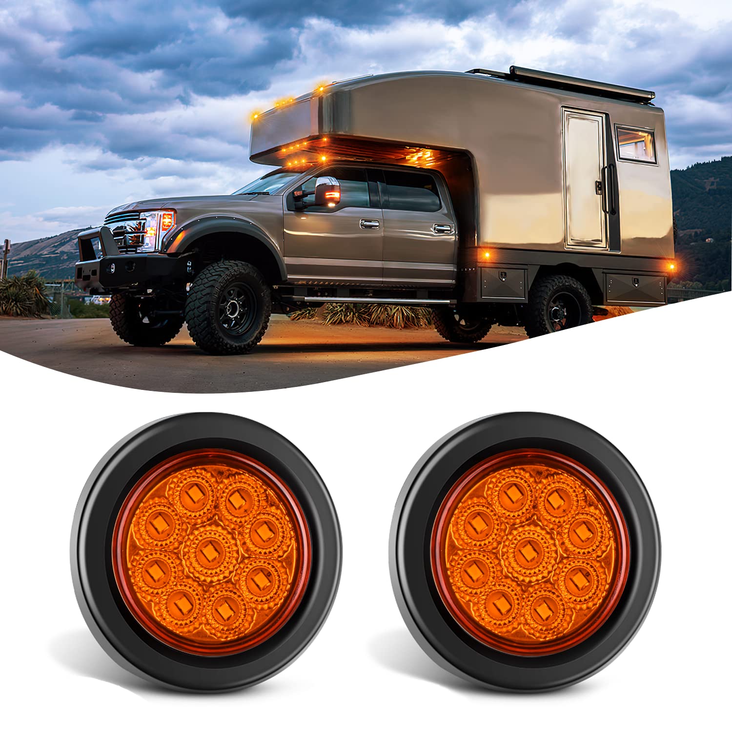 Nilight 2Inch Round Amber Marker Light front view showing 9 LEDs for enhanced visibility