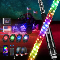 Nilight two 3ft RGB whip lights illuminate trails with vibrant color.