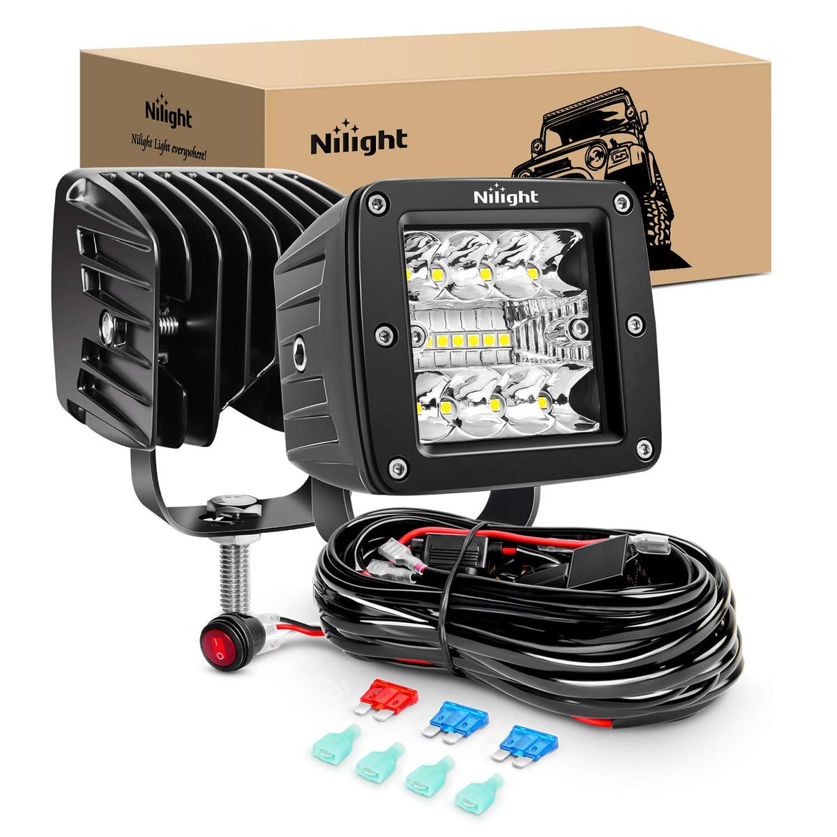 Nilight 2pcs 3in LED pods front view highlights bright coverage for off-road driving