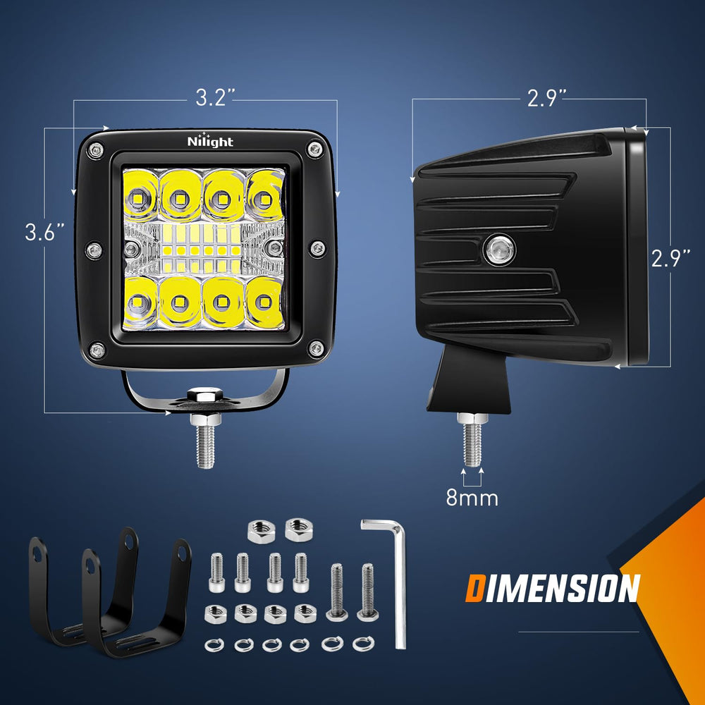 Nilight 2Pcs 3-Inch LED cubes beam pattern showing spot and flood balance for broader coverage