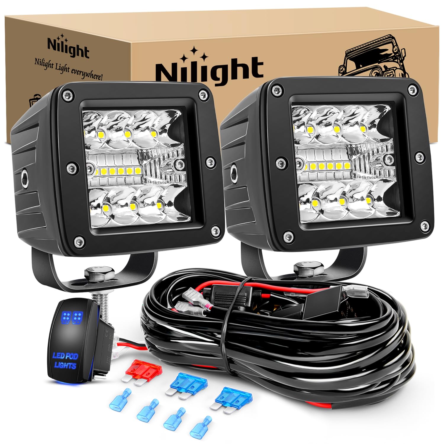 Nilight 2Pcs 3-Inch LED cubes, front view, sharper night visibility on trails