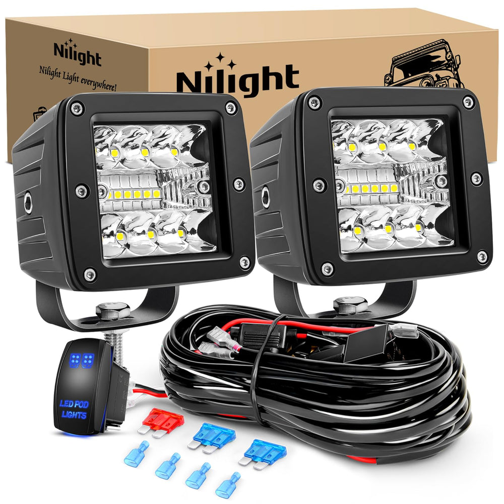 Nilight 2Pcs 3-Inch LED cubes, front view, sharper night visibility on trails