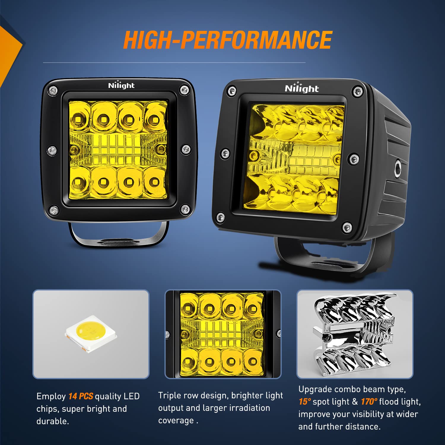 Nilight amber LED pods beam-combo close-up showing top spot and flood mix.