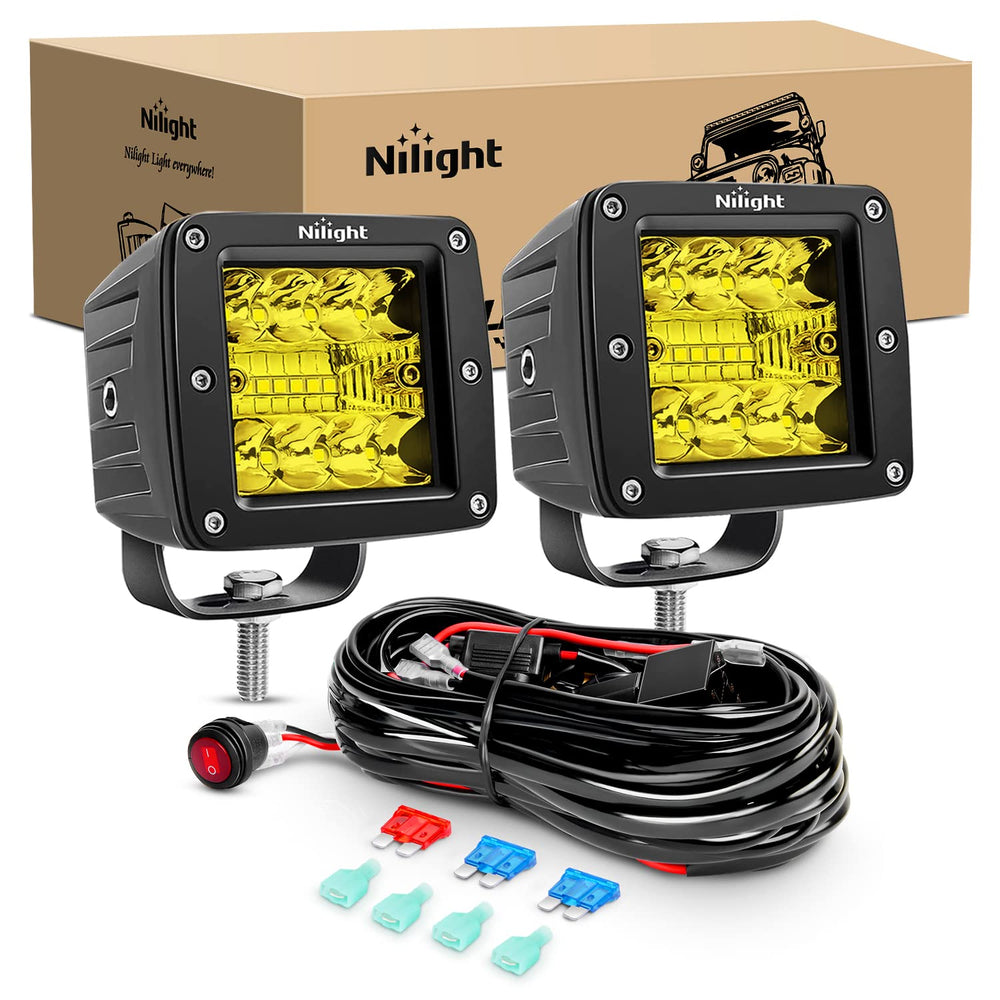 Nilight two 3-inch amber LED pods front view with enhanced off-road brightness.