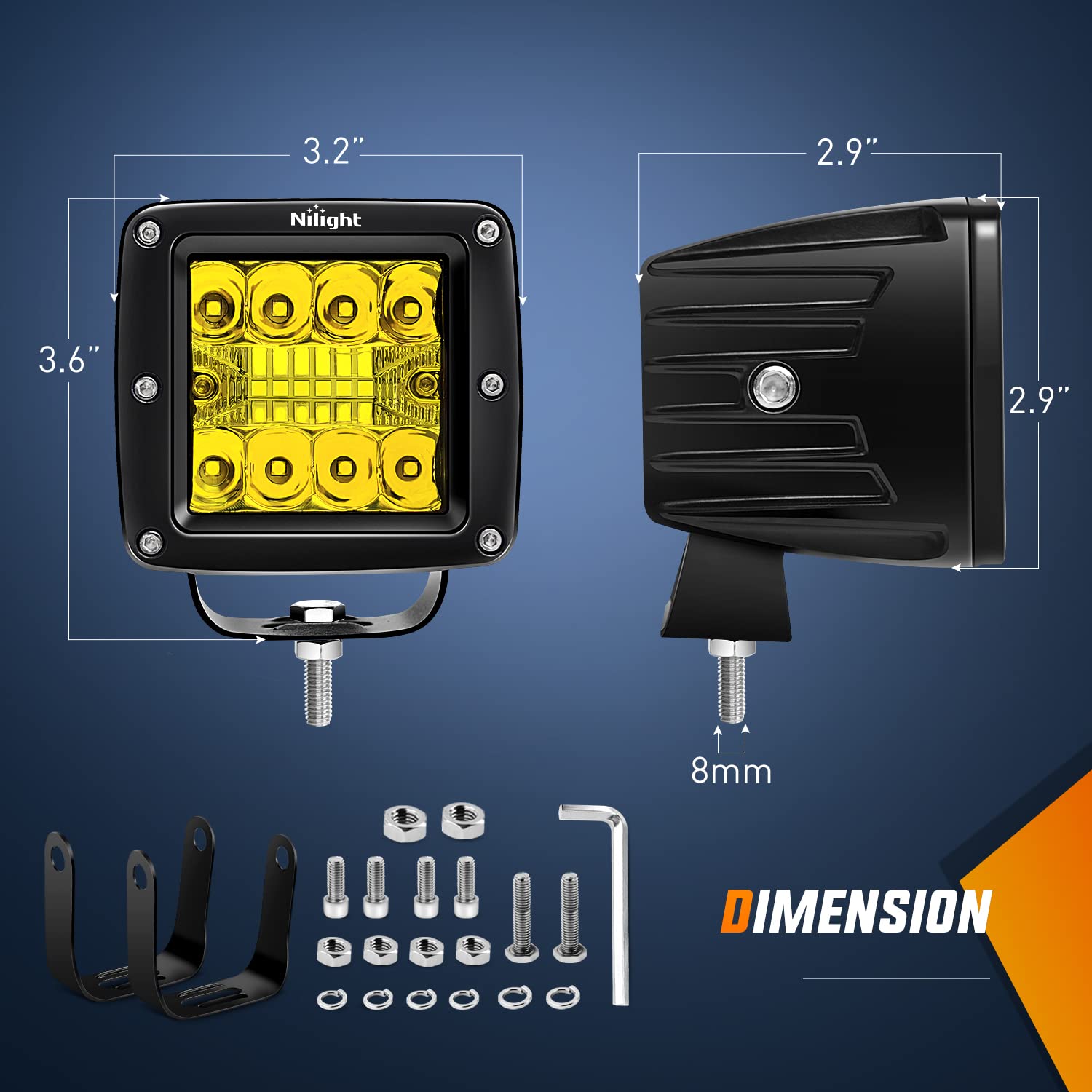 Nilight amber LED pod left side angle showing wide flood coverage.