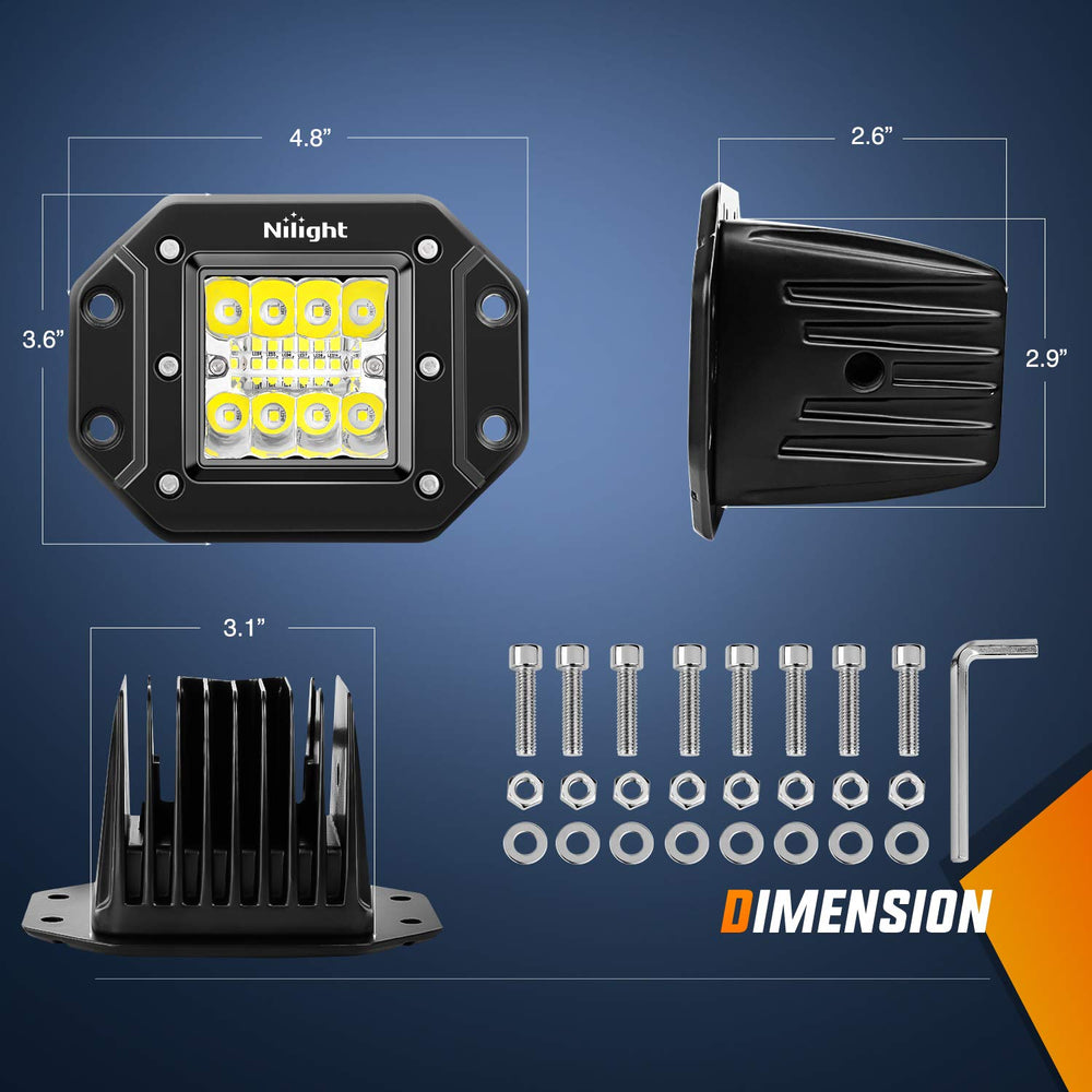 Nilight 2pcs 42W flush mount pods flood beam for wide-area illumination.
