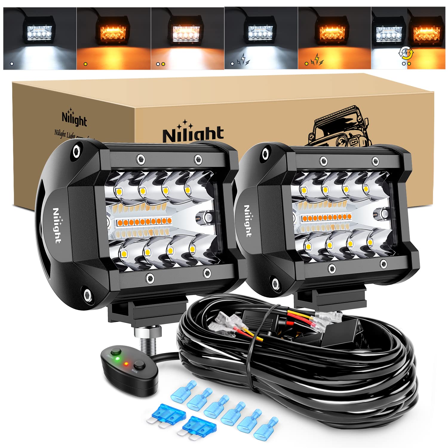 Nilight 2-pack 4-inch LED pods front view with amber and white beams for enhanced visibility.