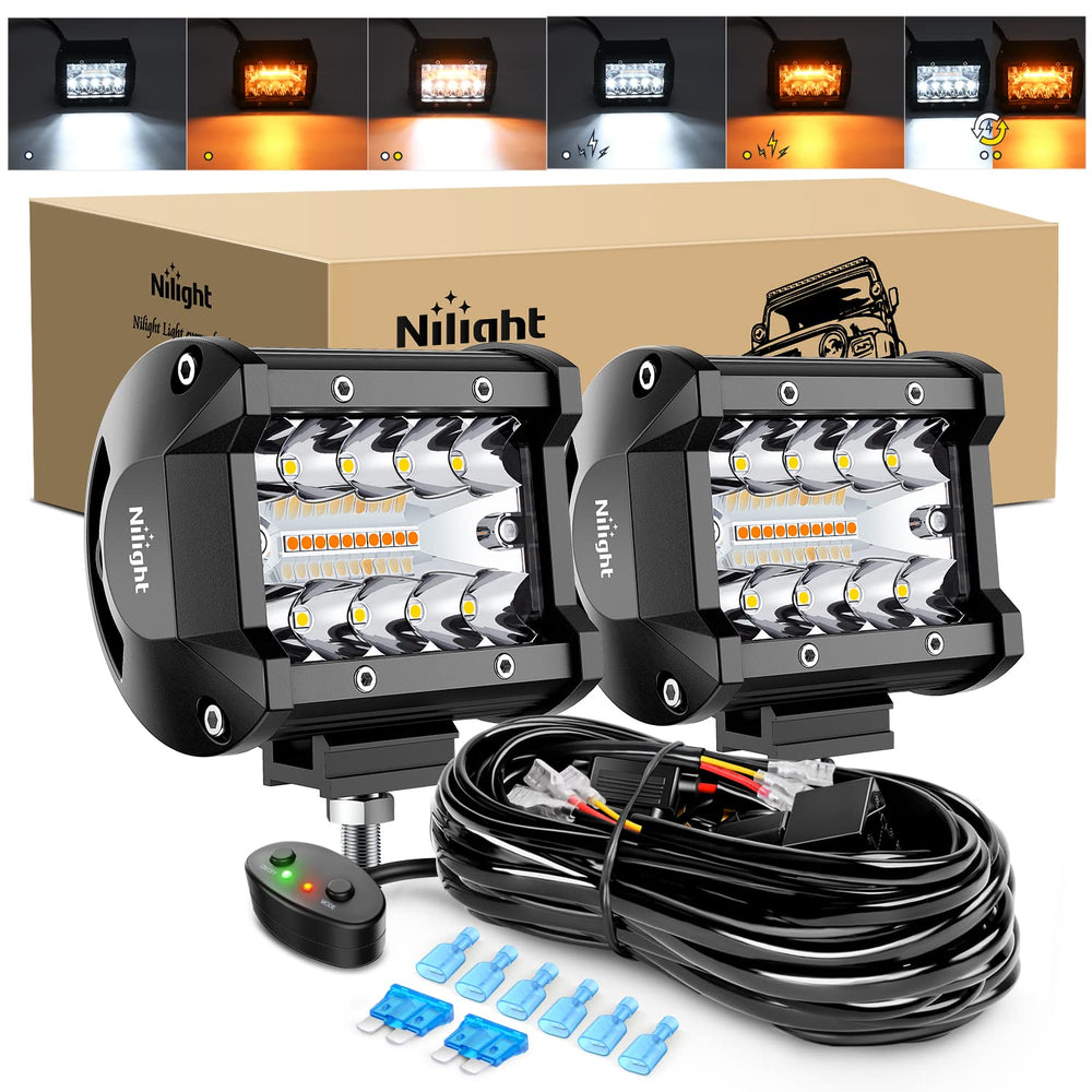 Nilight 2-pack 4-inch LED pods front view with amber and white beams for enhanced visibility.