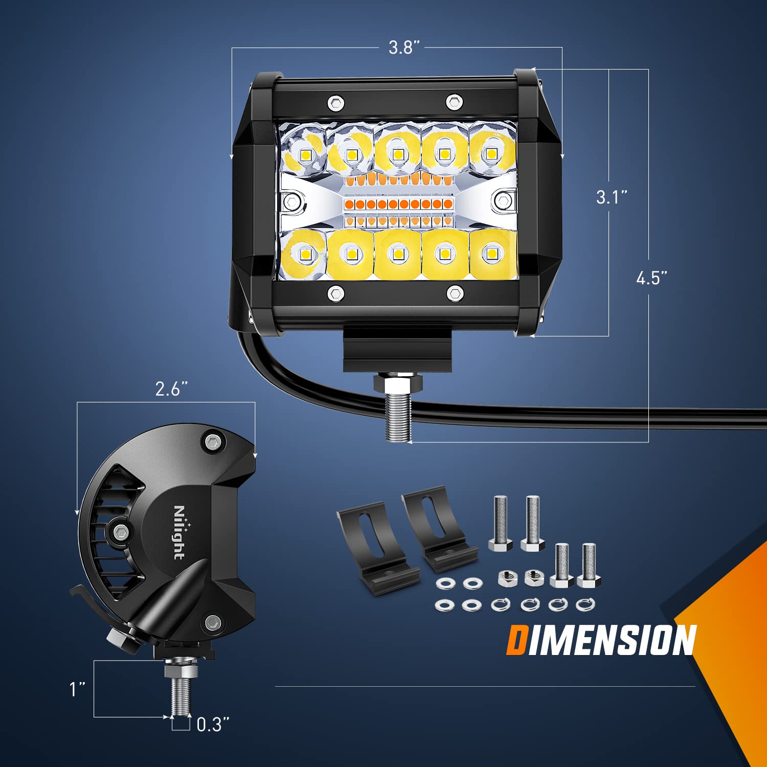 Nilight 4-inch LED pods side angle view showing dual color beams for versatile lighting.