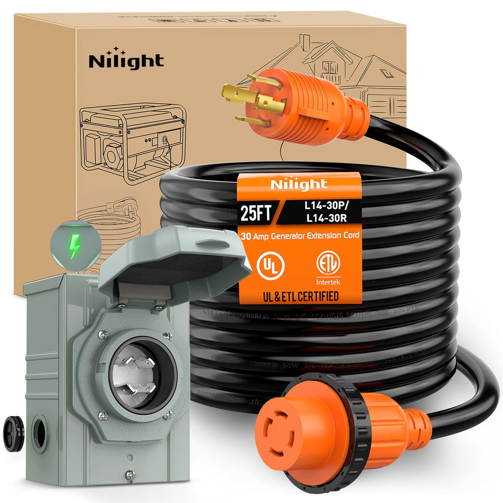 Nilight 30A 25ft generator extension cord with 10-gauge copper for outdoor use.