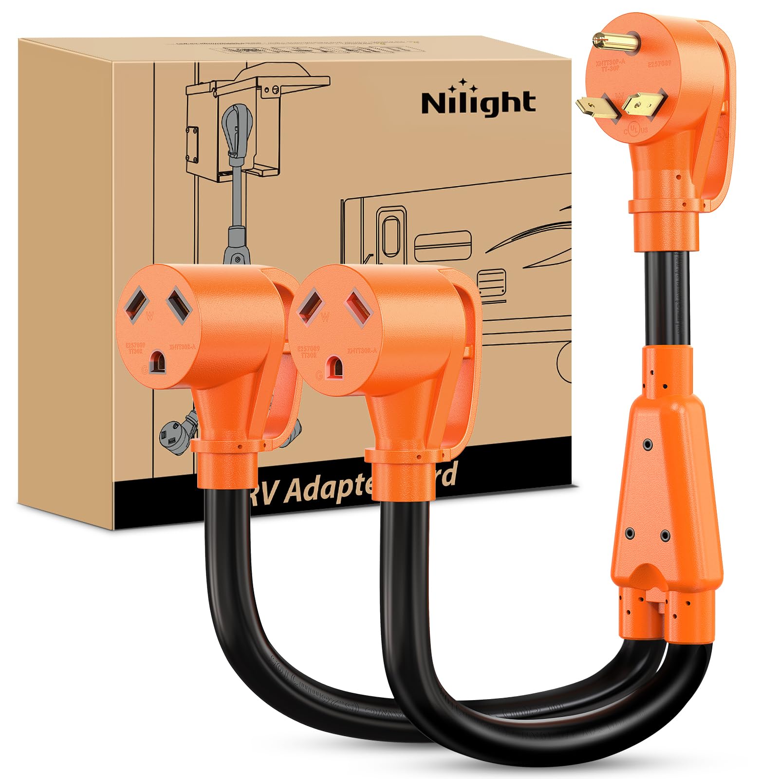 Nilight 30amp RV Y-splitter cord with TT-30P to TT-30R plugs for dual RV connections.