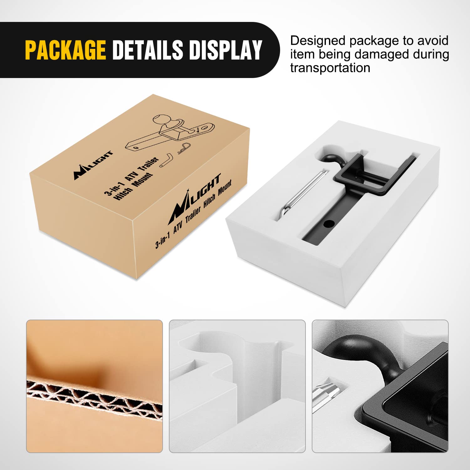 Nilight hitch with 5/8-inch pin hole supports yard equipment.