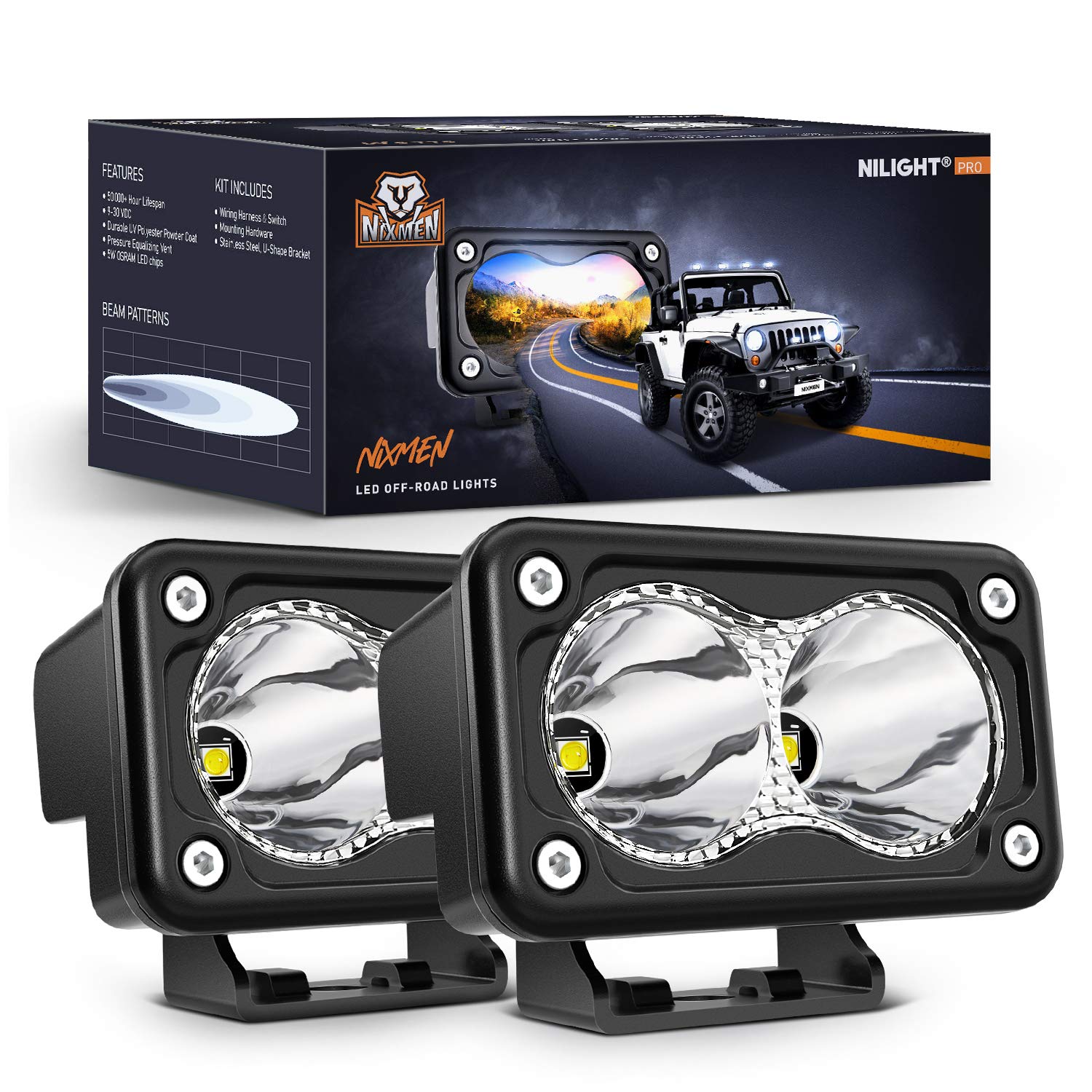 Nilight 3-inch LED pod with a 10° spot beam for long-range visibility