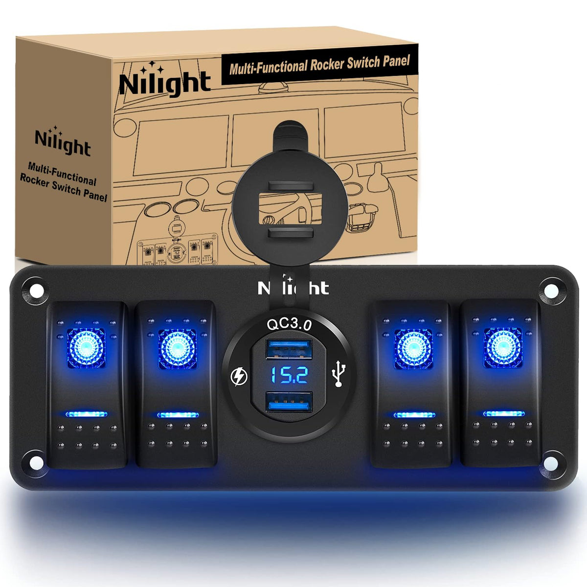 Nilight 4-gang switch panel for dashboard control, compact and durable.