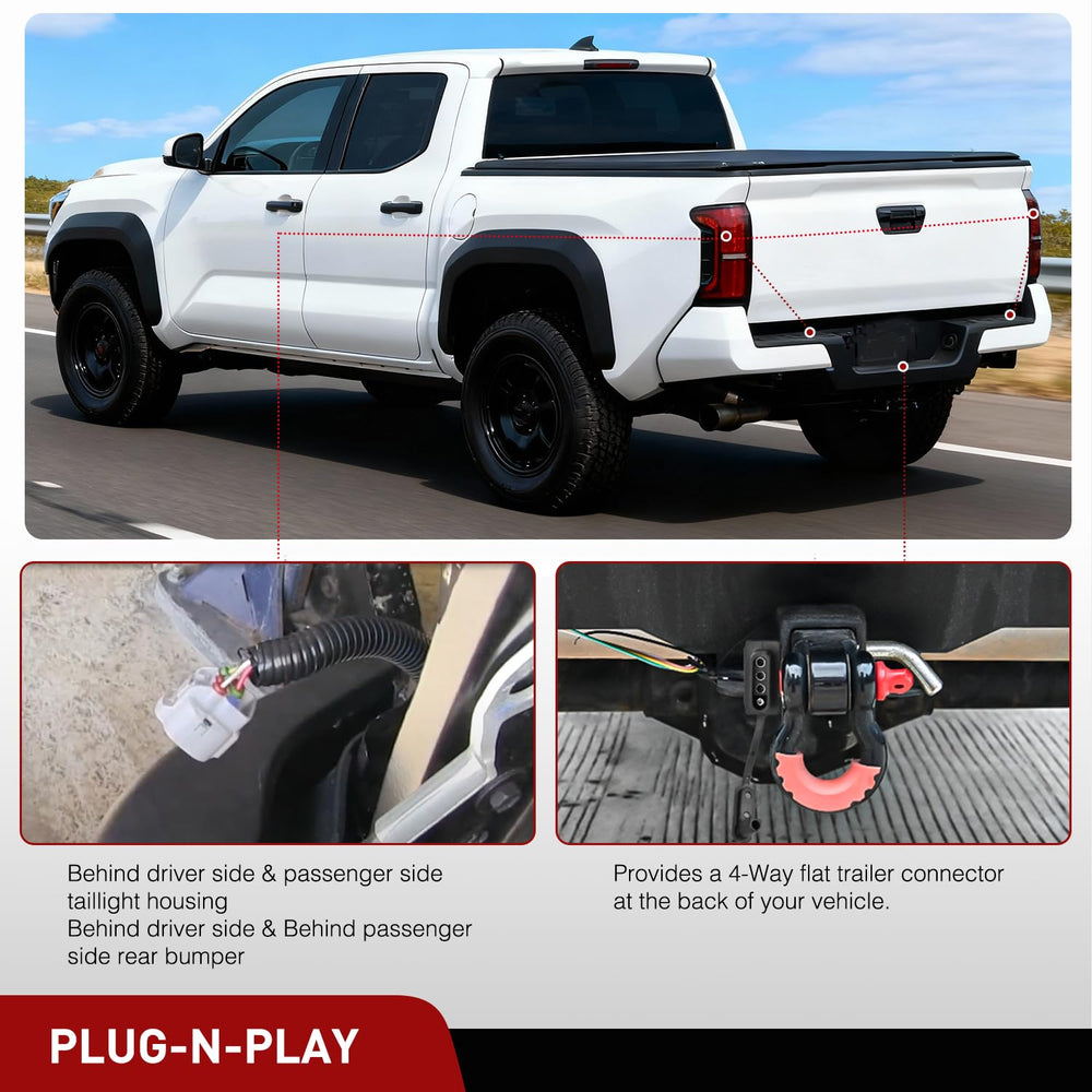 Nilight 4-pin trailer harness for Hilux with OEM-like connectors behind bumper.