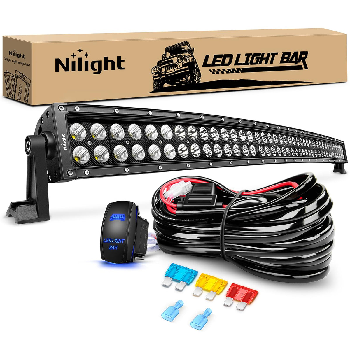 Nilight 42Inch curved LED light bar front view for off-road visibility.