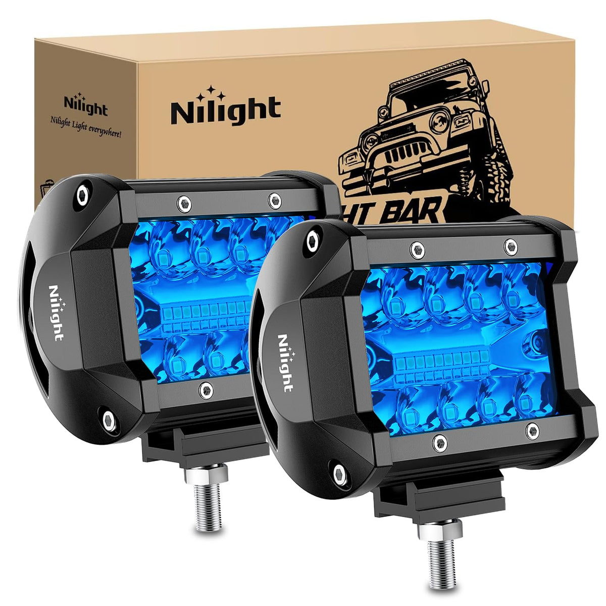 Nilight 4in LED light pod with blue triple row front view improves wide night visibility