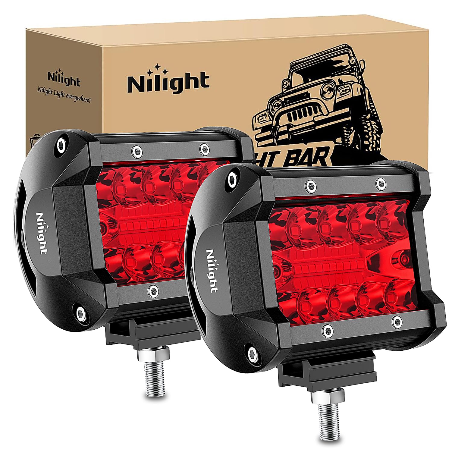 Nilight 4-inch LED light pod front beam with red triple-row for enhanced visibility