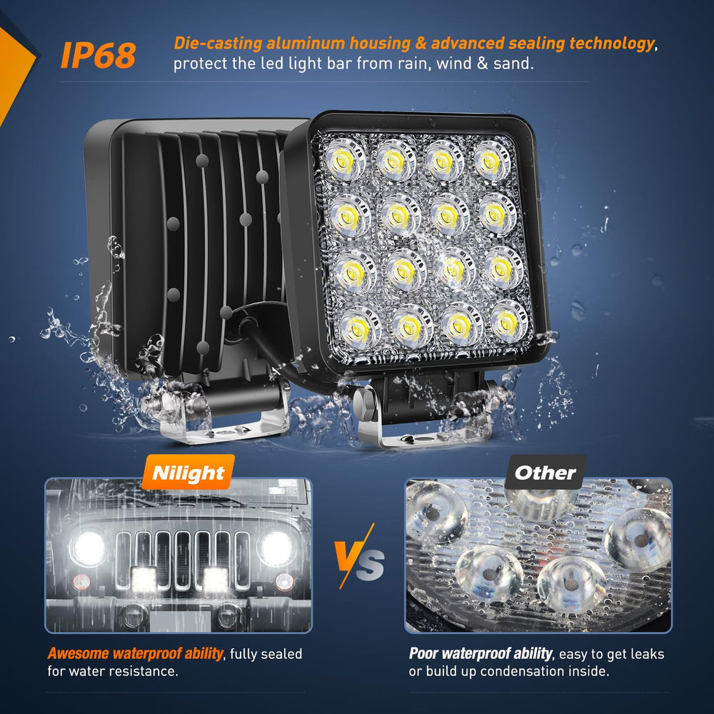 Nilight pod mounted on ATV in rain highlights IP68 waterproof design