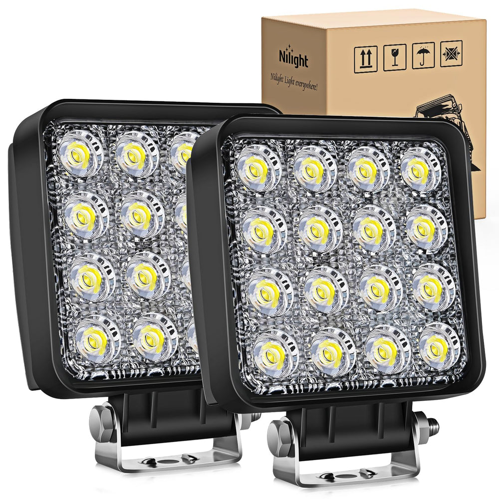 Nilight 4-inch square LED pod front view shows wide 180° flood beam for visibility