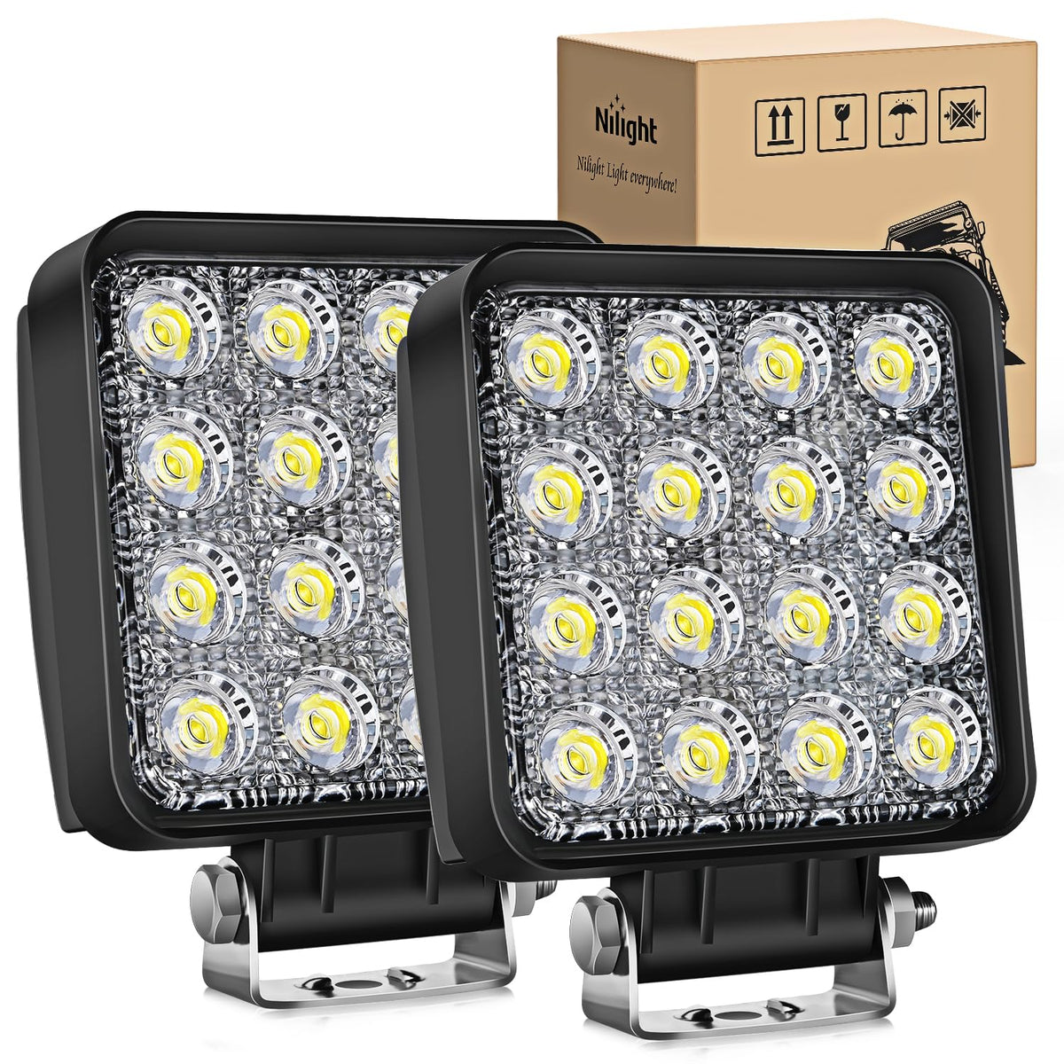 Nilight 4-inch square LED pod front view shows wide 180° flood beam for visibility