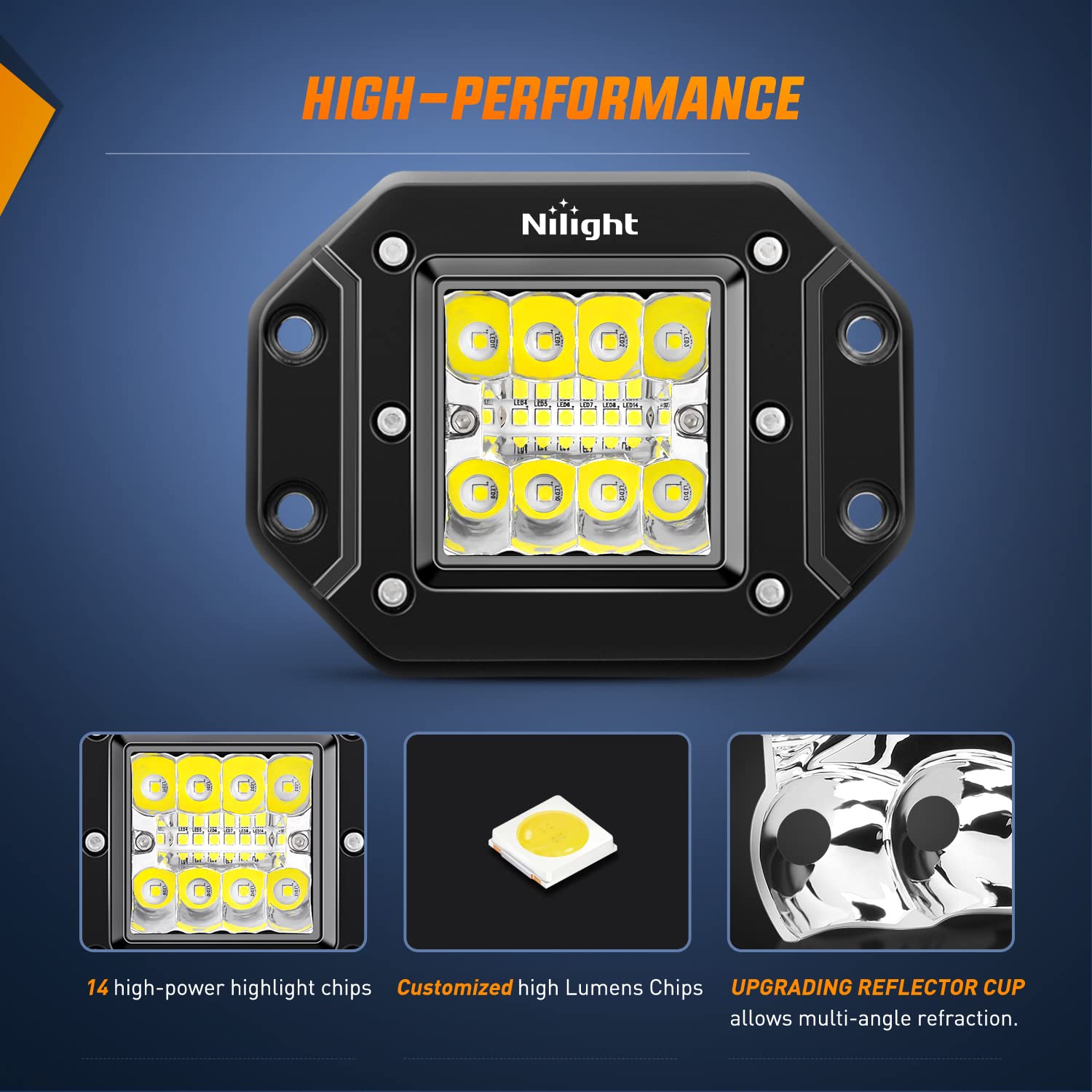 Nilight 4PCS 42W flush mount light pods, spot beams at top and bottom for precise aiming