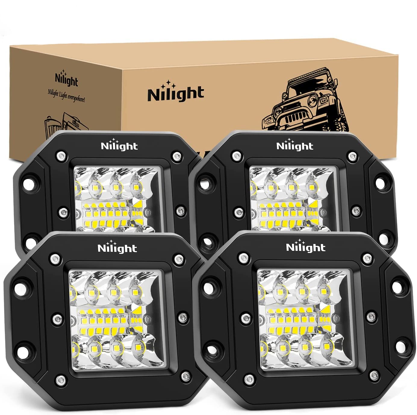 Nilight 4PCS 42W flush mount light pods, top view, enhances night visibility for off-road journeys