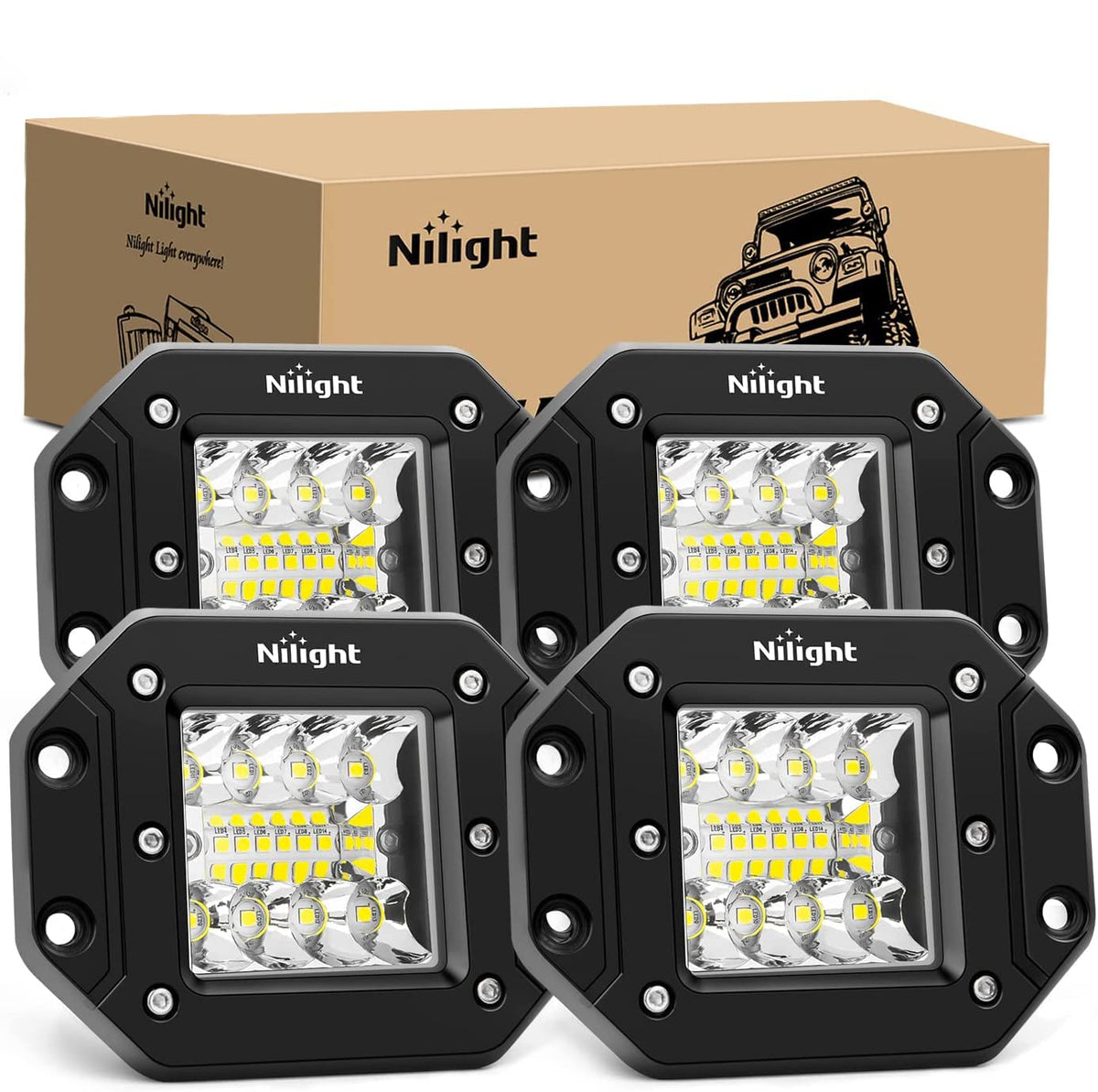 Nilight 4PCS 42W flush mount light pods, top view, enhances night visibility for off-road journeys