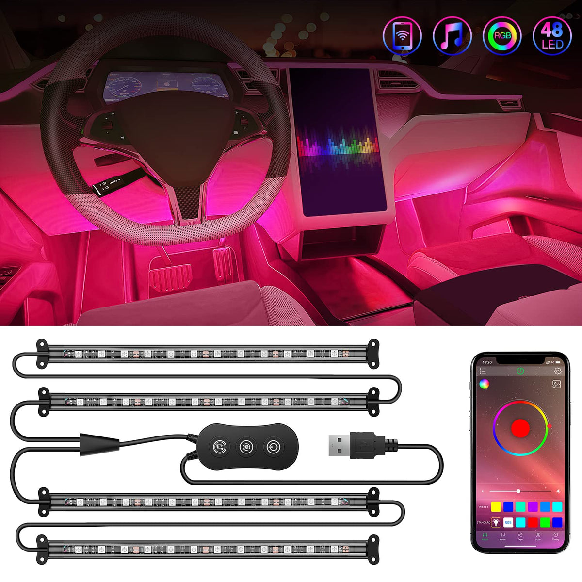 Nilight 4pcs USB interior lights front dash RGB strip enhances cabin ambiance.