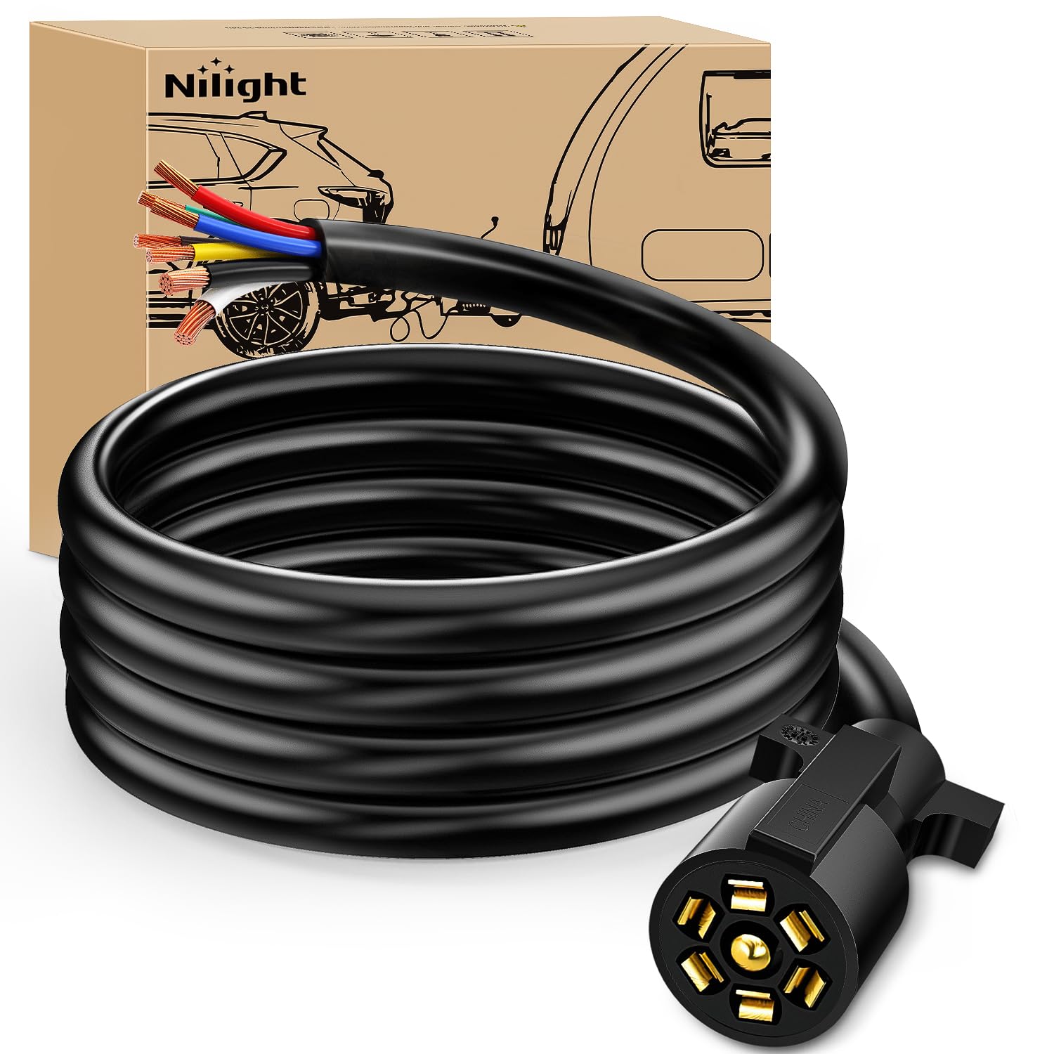 Nilight 50049R 7-Way trailer plug cord with weatherproof design for rugged outdoor use.