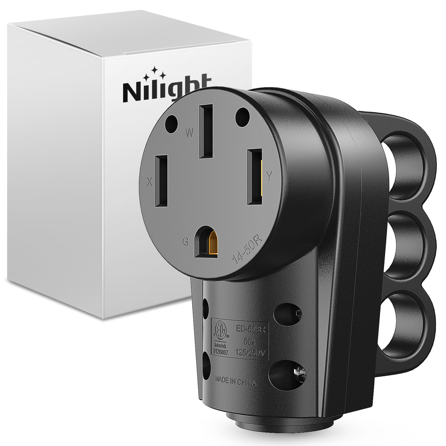Nilight 50A RV female receptacle with handle, front view for easy connection.