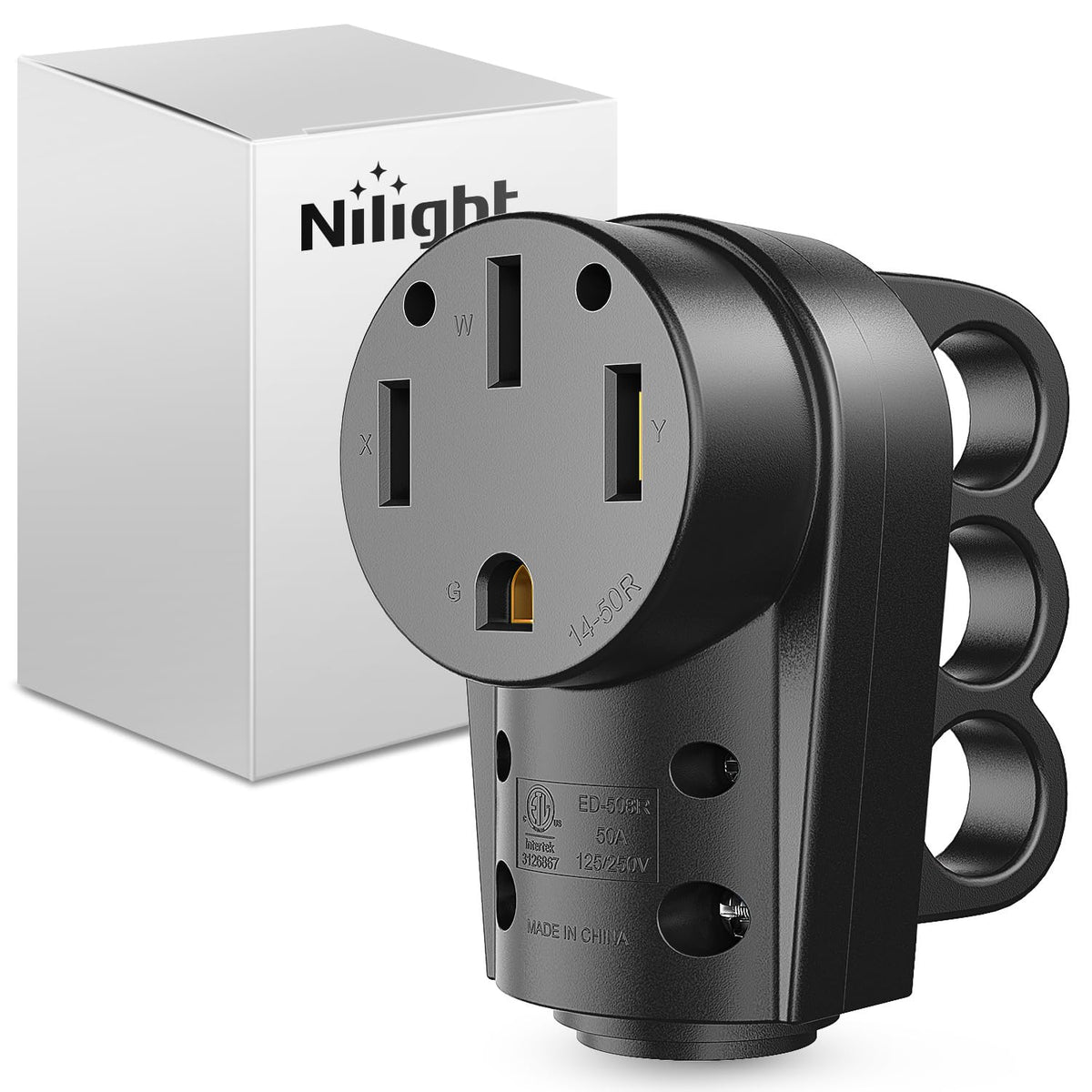 Nilight 50A RV female receptacle with handle, front view for easy connection.