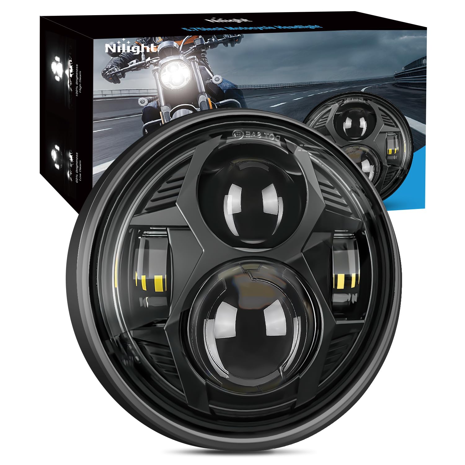Nilight 575 headlight with die-cast aluminum, durable against vibration.