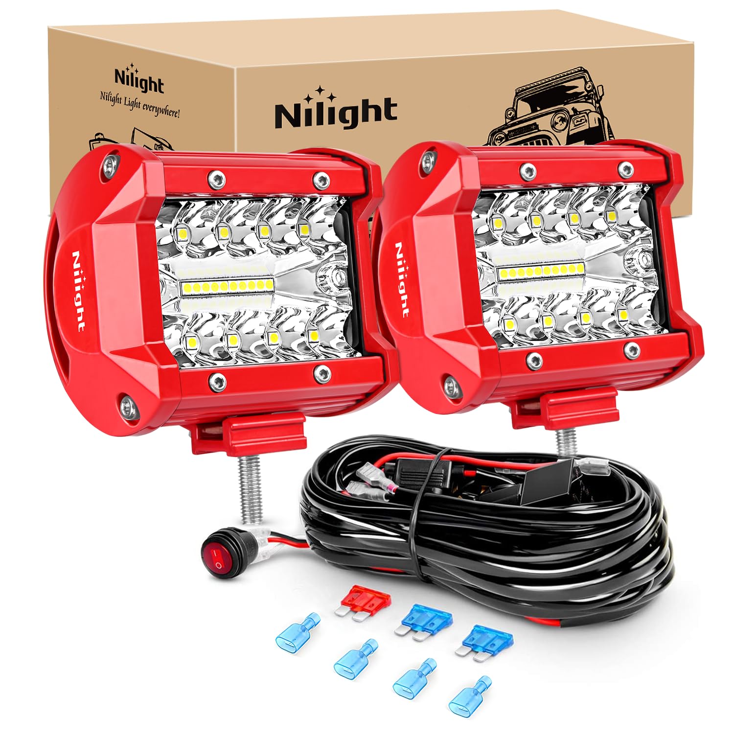 Nilight 60W 4-inch LED light bar with spot and flood beams for clear road and trail visibility.