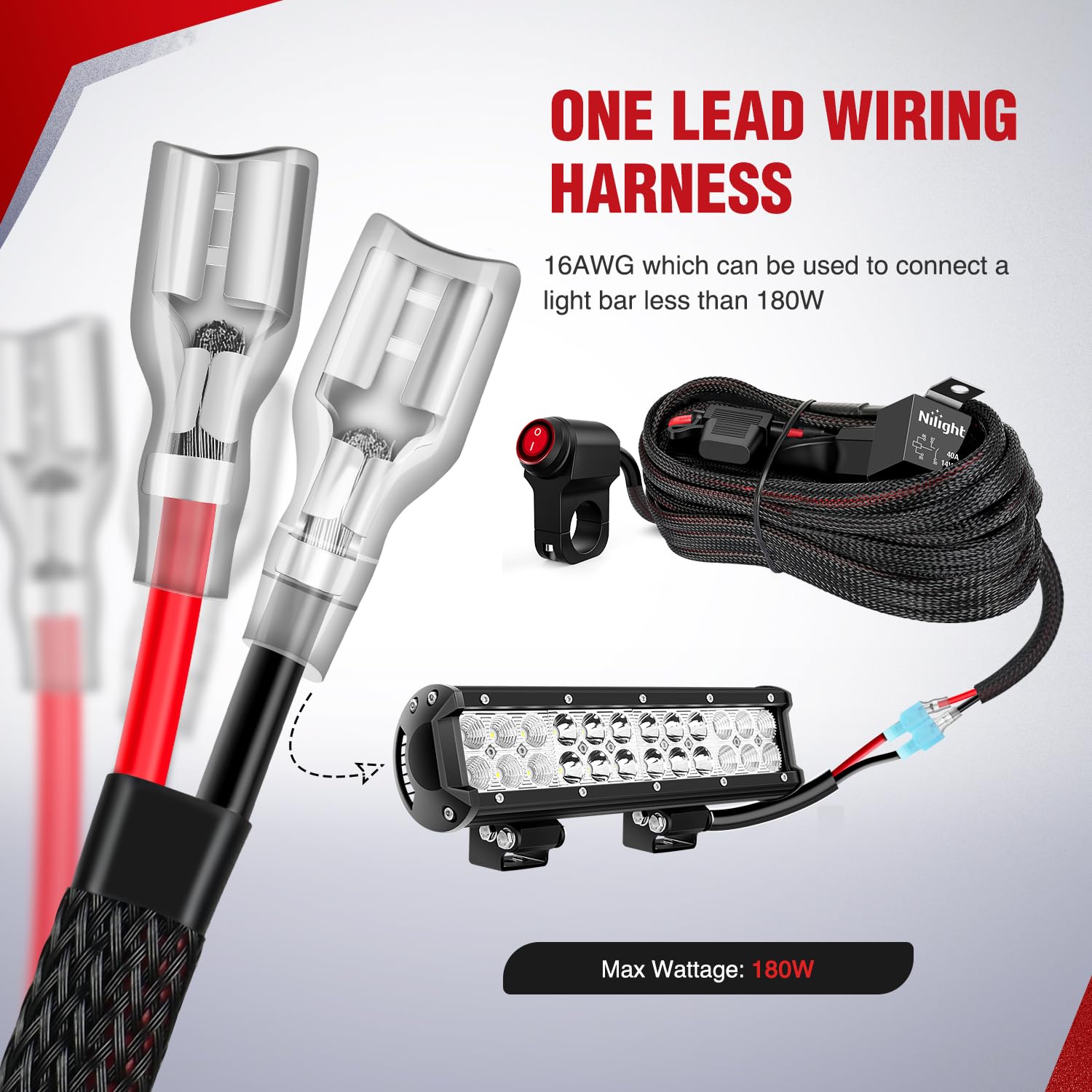 Nilight kit includes inline fuse and spade connectors for secure wiring.