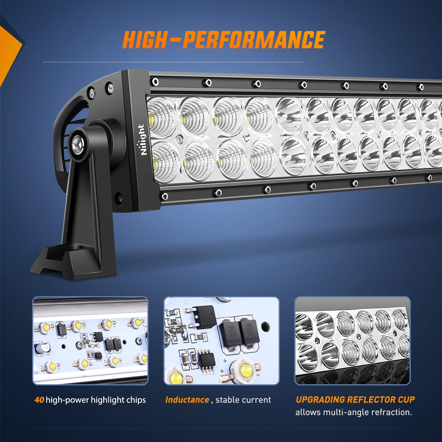Nilight 70003C-A 22-inch LED bar on rugged off-road setups with secure side brackets