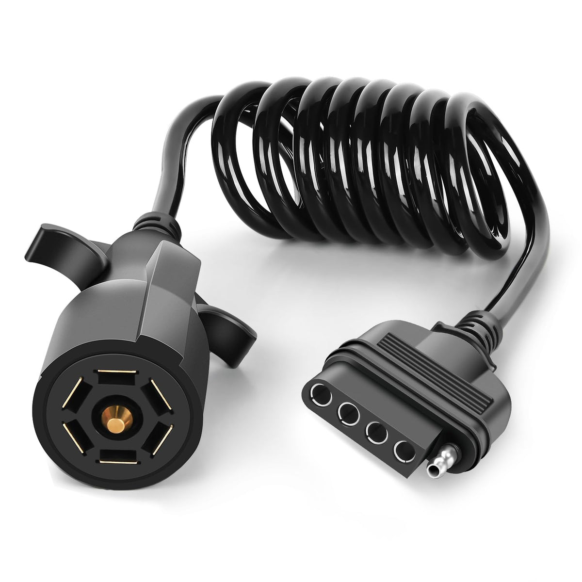 Nilight 7-way to 5-way coiled harness 5ft close-up showing compact, durable trailer wiring.