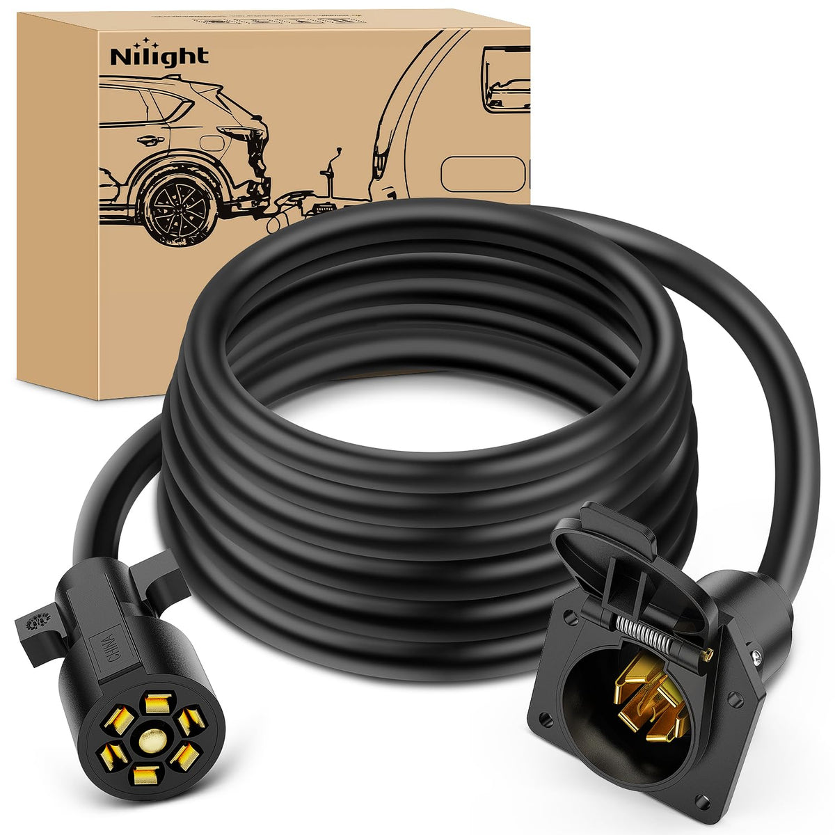 Nilight 7-Way trailer plug extension 12ft cable for extended reach.