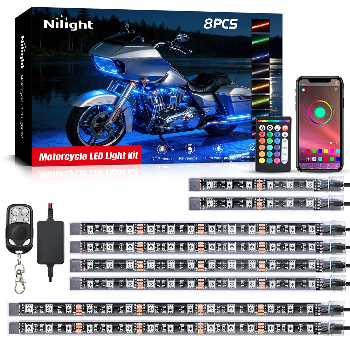 Nilight 8pcs LED light strips front view enhances visibility and style.