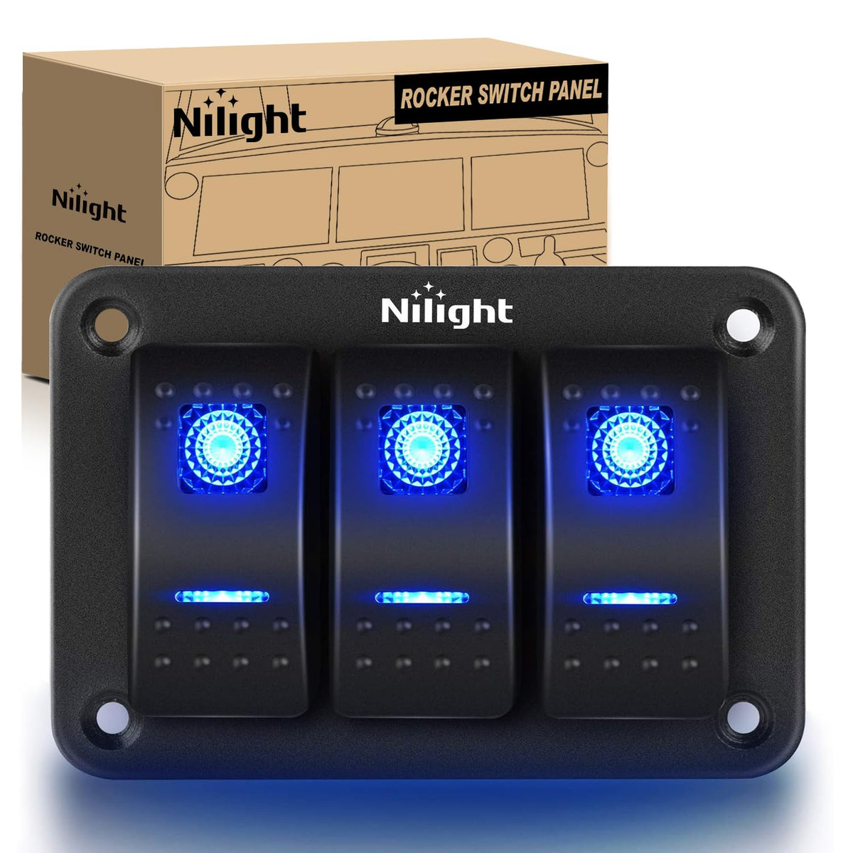 Nilight 90017C 3-Gang panel with blue rocker switches