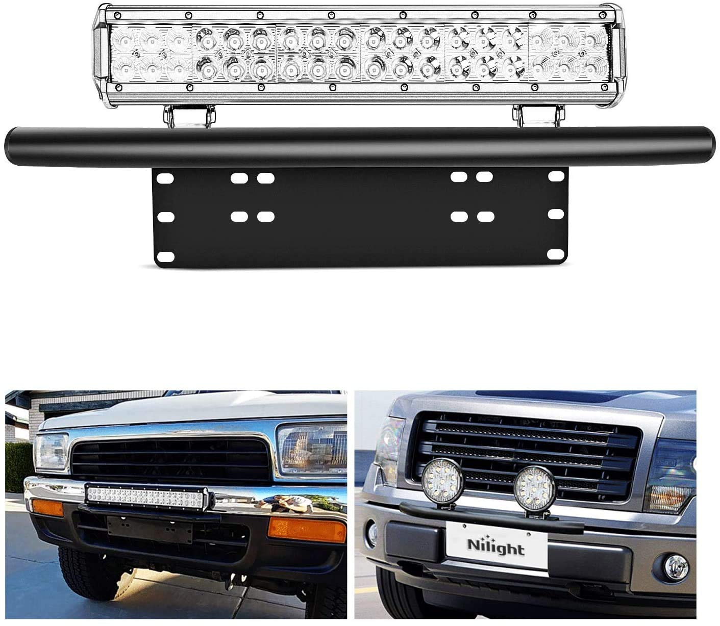 Nilight 90021B front license plate bracket secures auxiliary lights for a cleaner front end
