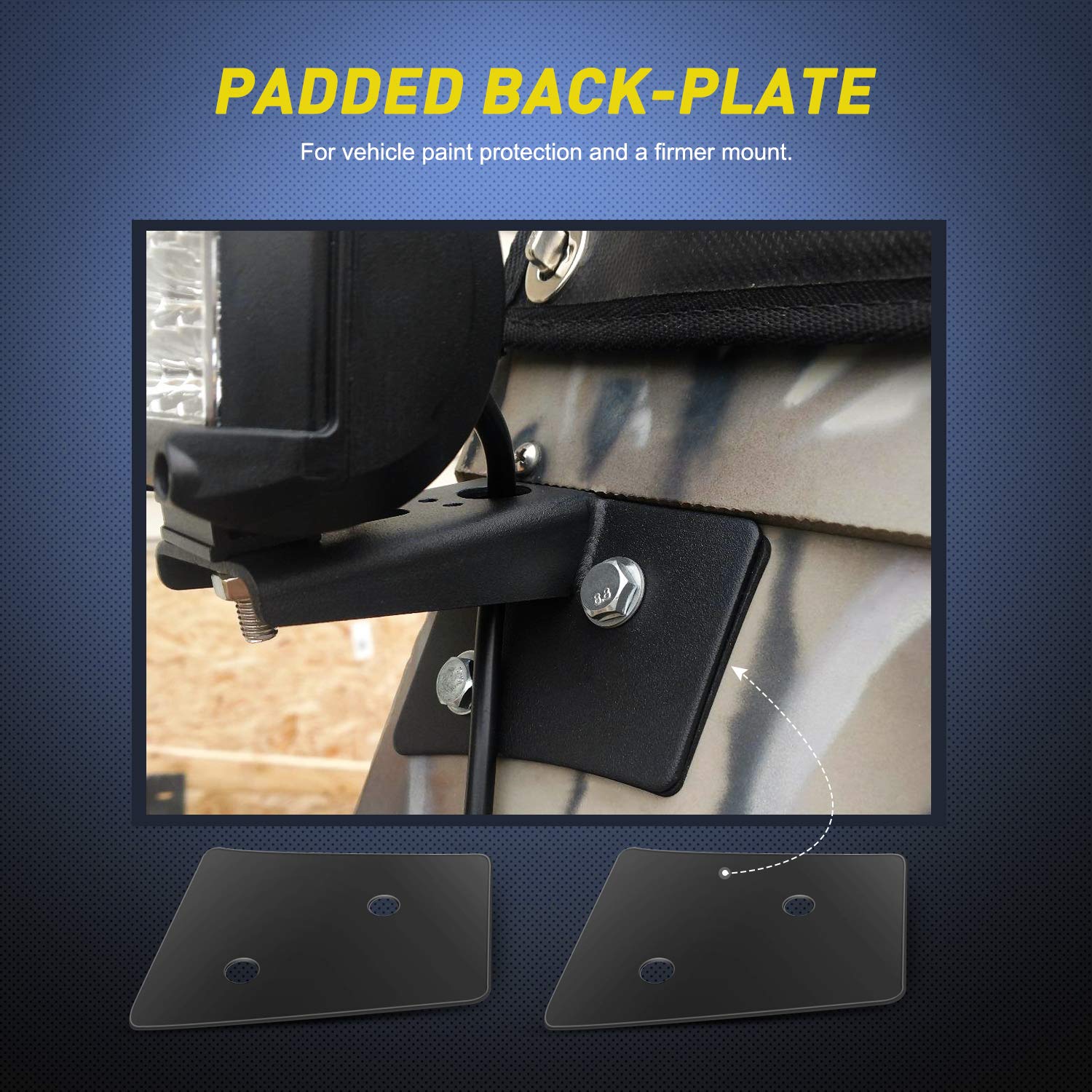Nilight padded-backplate detail on the A-pillar bracket guards vehicle finish.