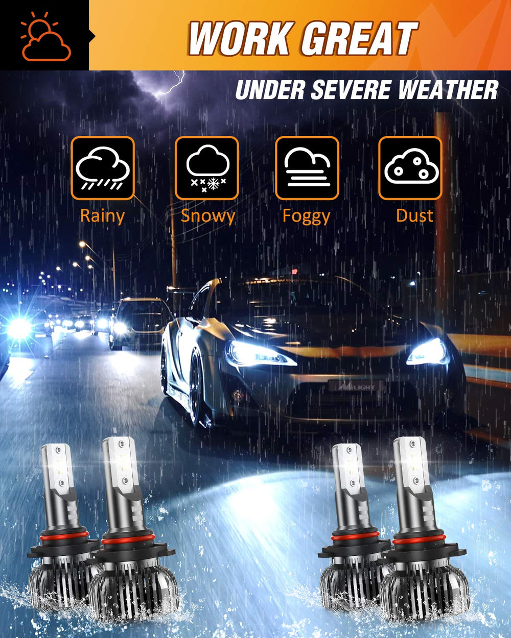 Nilight 9005 9006 LED bulbs kit demonstrating a focused beam pattern for visibility.
